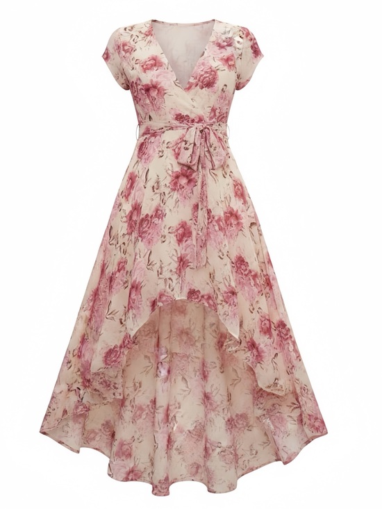 Dresses & Skirts - High-Low V-neck Floral Chiffon Extra Long Formal Dress with Tie Bow Belt in Pink